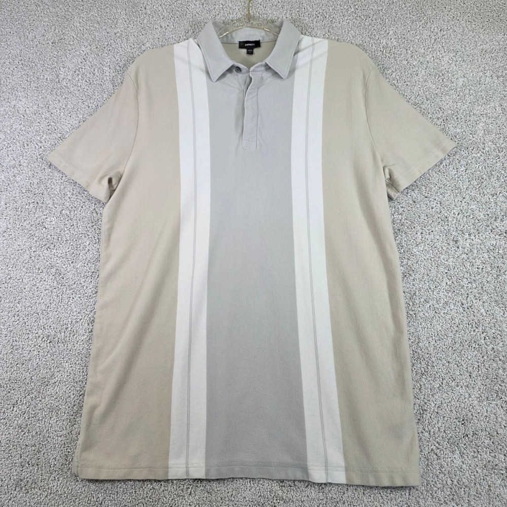 Express Men L Short Sleeve Colorblock Stripe Polo Shirt Beige Gray Mod Knit‎